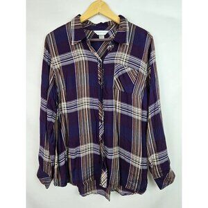 Christopher & Banks Womens Top Large Purple Plaid Long Sleeve Button Down Shirt
